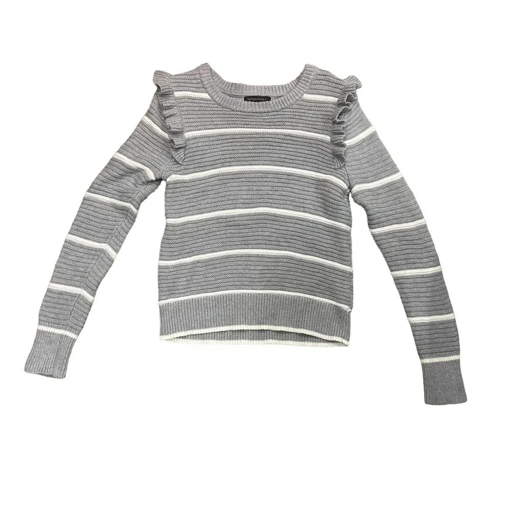 BANANA REPUBLIC Women's Medium Gray‎ White Stripe Ruffled Sweater Ribbed EUC
